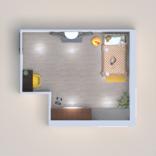 This is a grey and yellow bedroom for a kid. It has a mirror stand, a closet, and a desk, and of course a bed. Umm, it's very... modern. :)