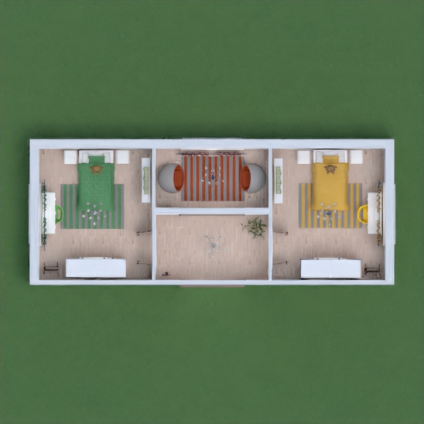 Este proyecto simula dos habitaciones separadas por una pequeña sala de relax y un pequeño pasillo. Ambas habitaciones son blancas, pero lo que las diferencia es los tonos amarillos en una, y tonos verdes la otra. 
Espero que os guste.