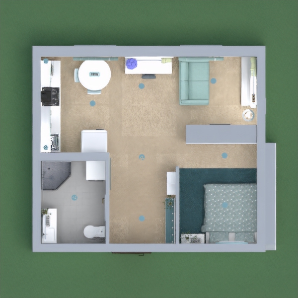 To make the small apartment spacious and bright, furnishings are kept minimal, lights are positioned in each room, and majority of the walls are painted white, with accent walls in the kitchen, living room, and bedroom to get rid of monotony.  

     The path from the main entrance is displayed with few, simple decors and a a useful outdoor clothes hanger and shoe rack piece. The wall facing the main entrance has three pieces of paintings, a working table, and a ceiling lamp to highlight it as a focal point. The tiny living room has a mirror facing the window to add brightness and illusion of a wide space. The kitchen and dining area are placed beside a window to have a good ventilation and vibrant space. The bathroom is accentuated with a bit dark gray tiles to add contrast to white bathroom equipment. The furniture and decors' colors are shades of white to light blue-green and gray. To incorporate nature, green plants are also added. 

     Overall, the ambiance created for this shelter is freshness, coziness, tranquility, and functionality.