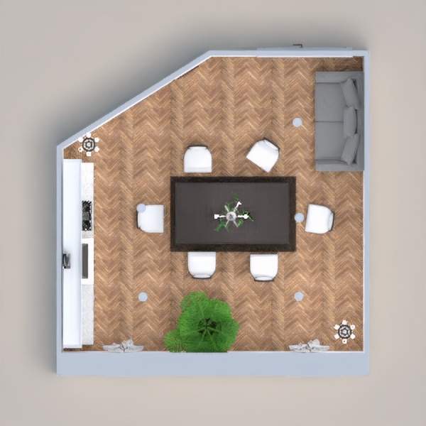 this little room has a kitchen with a dining room and a sofa. also it has a plant. hope you like it :).