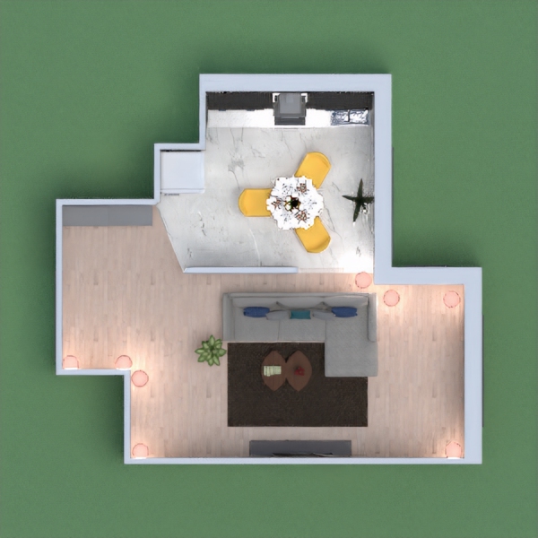 a homely living room with a small kitchen with space for three, a storage area and some plants