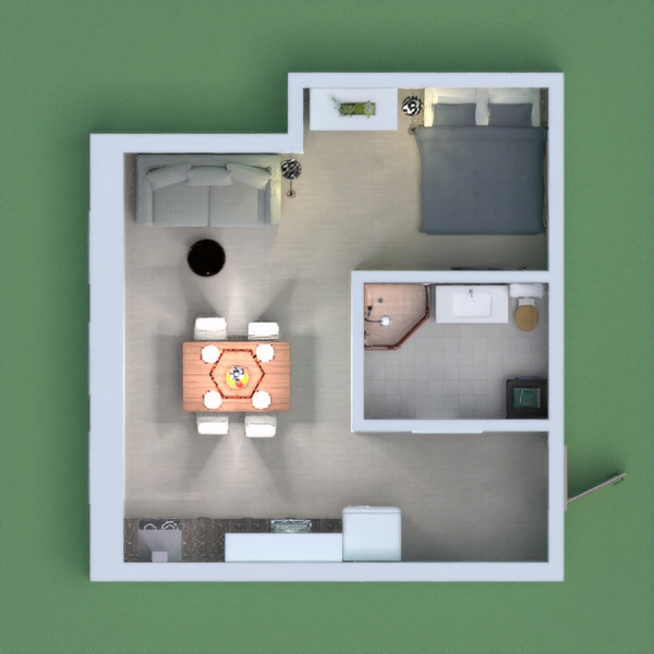 This small apartment would be perfect for any couple or maybe a man and his dog. You could have friends over as long as they respect your privacy since the bedroom is very open. There's a dining table, a kitchen with a fridge, a living area, a bathroom, and a bed. A garden or patio would look lovely on the exterior! Enjoy!