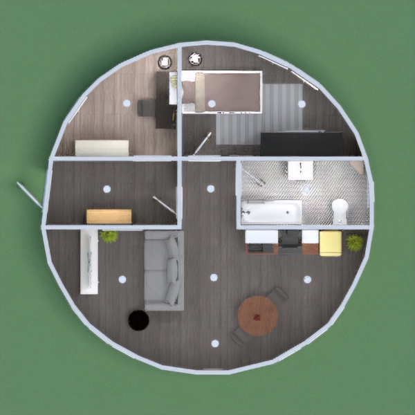 HI EVERYBODY, I'm NOT A PROFESSIONAL DESIGNER BUT I LOVE IT. We have a roundhouse, with a bathroom, an open space, a bedroom and a study room. I wish you will enjoy it. BYE BYE