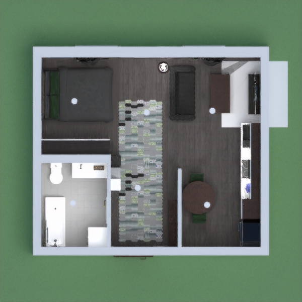 A small flat with all amenities with a dark and neutral color pallet and a pop of green.