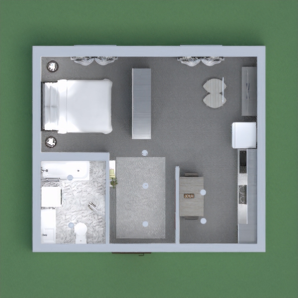 A grey themed compact design with bedroom living room and kitchen .