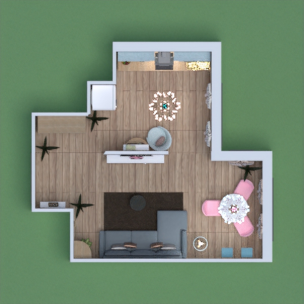 Kitchen, dining area and living room with interiors and furniture in pastel colors. The result is a relaxing atmosphere with natural and soft colors which can be found in all the rooms.