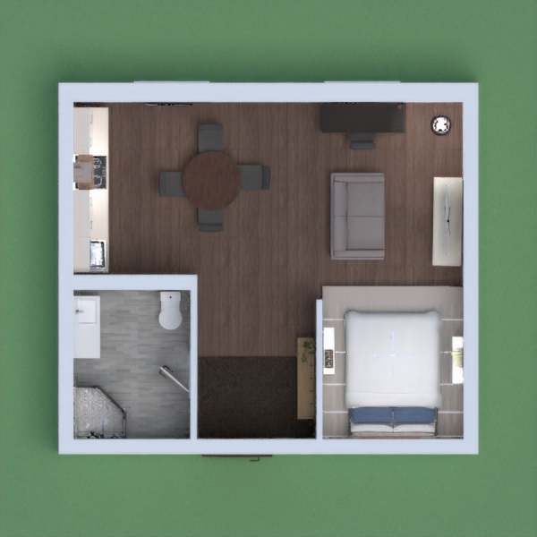 nice and little apartement with a bedroom, a kitchen, a living room and a office. the teams of the apartement are inssentially a escale of greys and whites