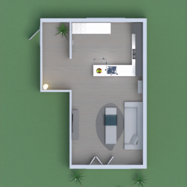 A modern living and kitchen area, the color scheme in my room is grey. 
The accent wall is brick, to match the outside walls. 
There is also an outdoor area to eat, or to just soak up the sun. 
I hope you like my design, and please vote for me! =)