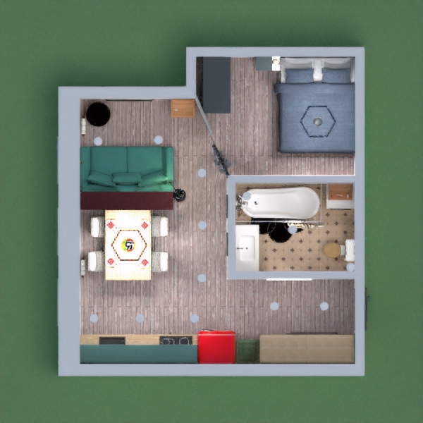 Уютный дом в современном стиле, с небольшой кухней, зоной столовой, отгороженной спальней, старинной ванной.