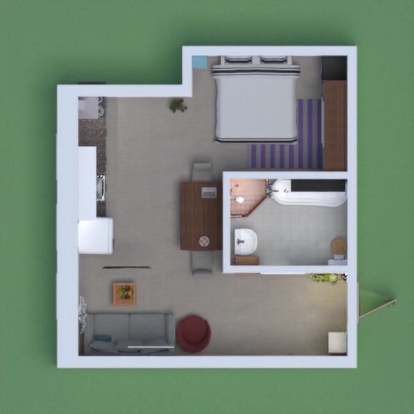 a room,  a bathroom, and a kitchen