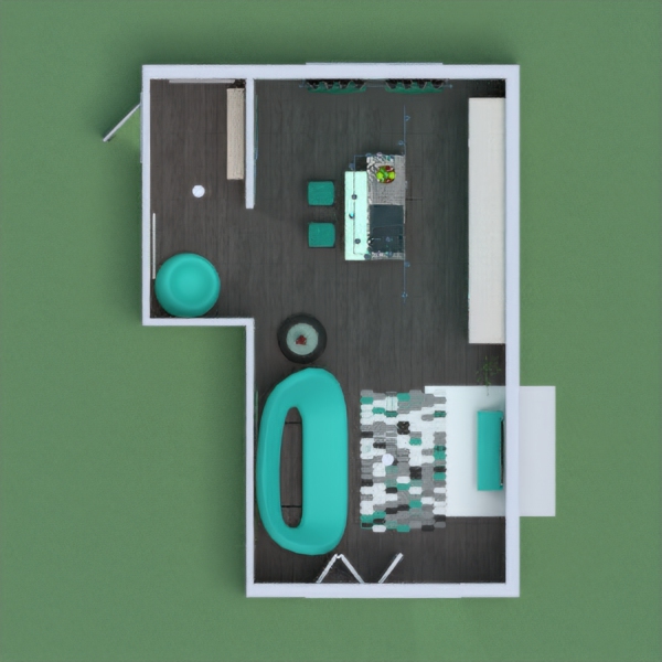 Teal inspired living room in kitchen; a more modern and abstract take on open concept