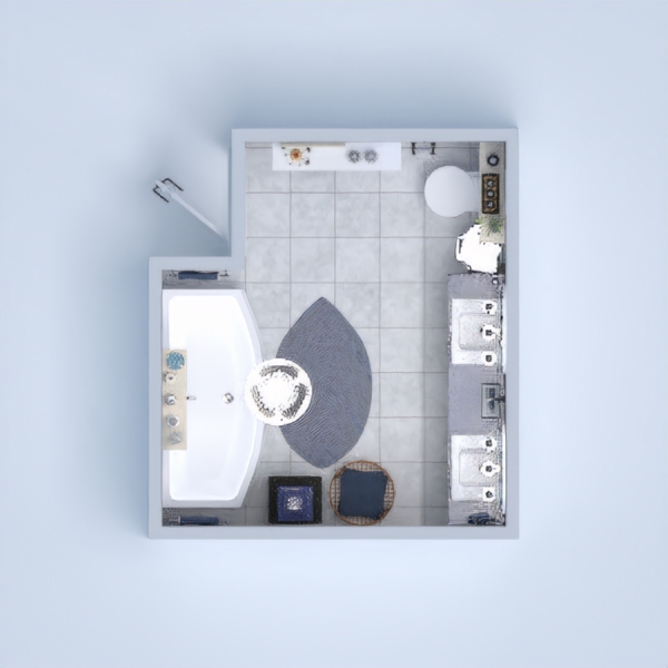 Functional blue bathroom with classical and modern elements and lots of decor.
