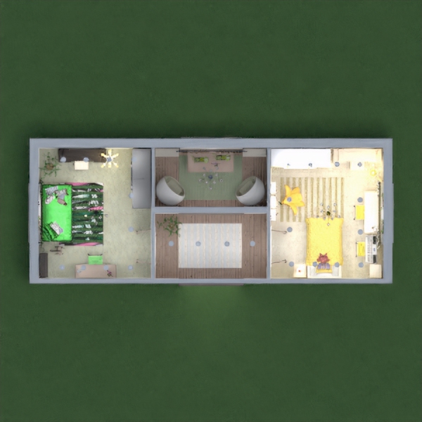 A teenager and a child, I think they need their own rooms, right? I designed the green room for a teenager and a yellow room for a child, a darker and a lighter one respectively. Common environments carry a neutral personality so that they are ideal for both. Hope you like it! Tell what do you think about it, because I like to know what I need to get better.