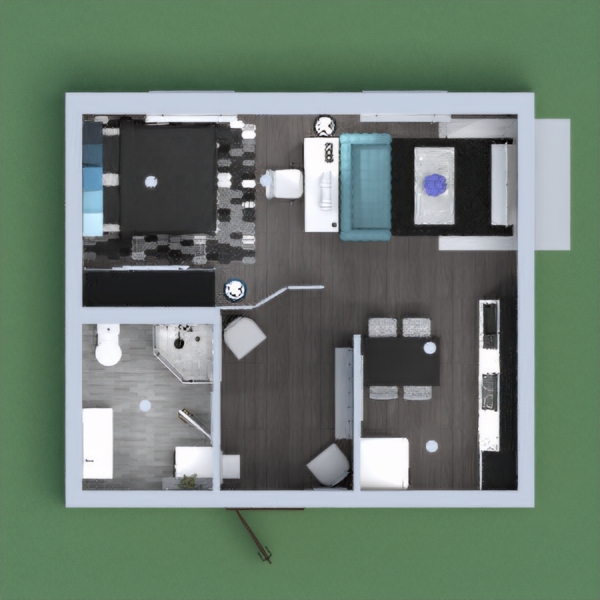 Small cozy apartment with tints of black, grey, white and blue, perfect for a single or couple living.