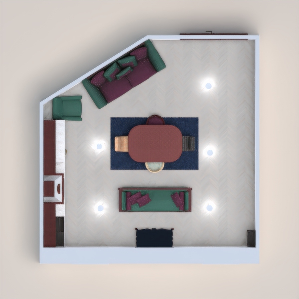 A small and slightly cramped living room/dining room/kitchen.