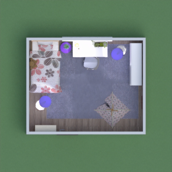A girl's bedroom with a desk and a few other things