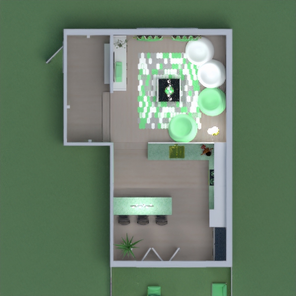 Hello. This is my third contest design. It took a really long time, and I almost gave up, because it was a bit difficult. There were only two kitchen sets, and the couches were too big. I went with the idea of using the outside too. This is how it turned out. Green is an awesome color. I hope you like it.