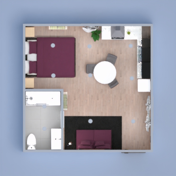 My project shows what a small one person apartment would look like. This project vocalizes plants and the color purple. It has the kitchen necessities like an oven, fridge, and lots of cabinets. The person that would lives here would like books. Bathroom has toilet, sink, and a shower/bath. Has tables with very comfy chairs.