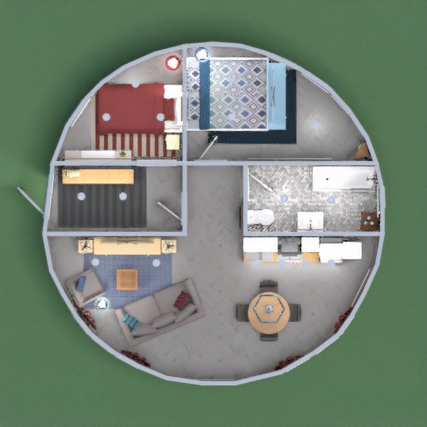 This is a semi-modern, round house that can be placed nearly anywhere. This house is 2 bedroom 1 bathroom, and has a modern cottage feel to it. I hope you like it!
