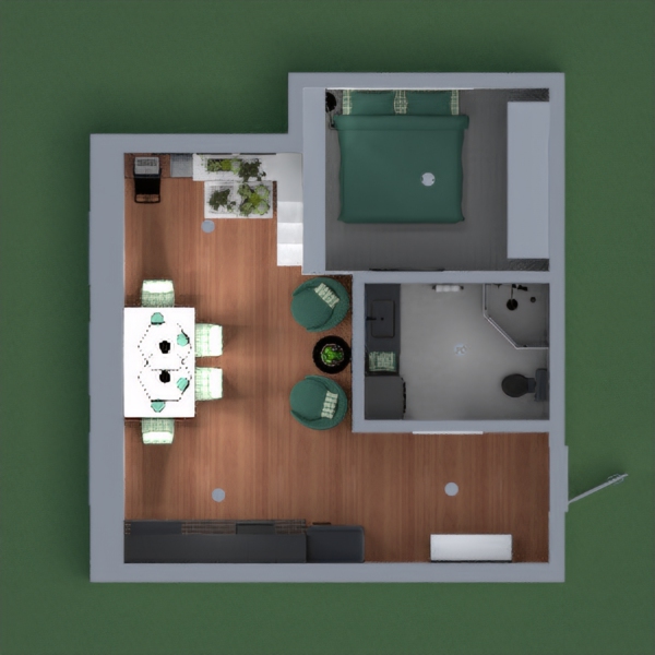 I couldn't figure out how to make everything work. This is a weird appartment. I added two armchairs, and I'm calling that a living room. And I just put a TV in the bedroom. This is the best I could come up with. I hope you still like it.