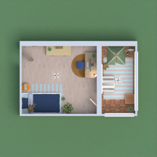 This is a kid's bedroom, with a 'balcony' used as a playroom. The color scheme is more blue and yellow/orange in the actual bedroom and more pastel in the other room. Hope you'll enjoy !!