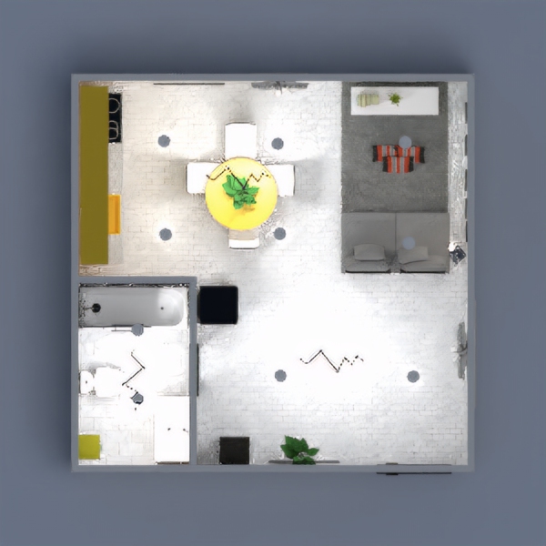 Projeto minimalista, com cozinha e sala conjugada, possui cores vivas. Ambiente de repouso confortavel.