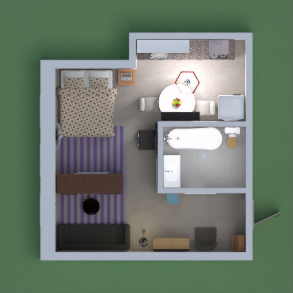 A small room in a apartment with a small living room, a small bedroom, a small kitchen and a large bathroom.