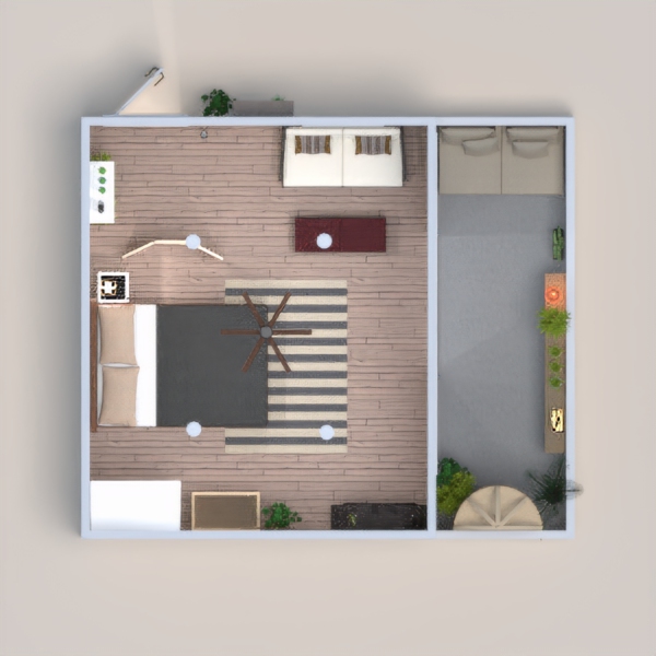 A tropical bedroom with balcony. The bedroom, which is filled with greens, has typical furniture (bed, wardrobe) and a area with a couch to sit and relax. The balcony is the star for this design as it is filled with plants and a couch to sit and chat. Hope you guys like it :)