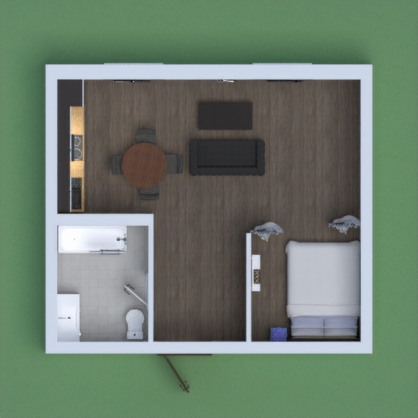 tiny apartment but no matter what the size its cozy comfy and welcoming 
the bathroom has a wooden sink a bath with a joint shower with a glass shield and a glossy white toilet
the kitchen has amazing glossy wooden cabnitry
the lounge has a comfy cozy  seating