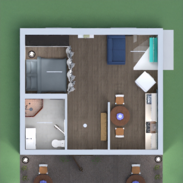 A small apartment with a Bathroom, Bedroom with closable curtains, a Living Room with a TV, and a Kitchen. Also bonus outside patio. Plz like!!