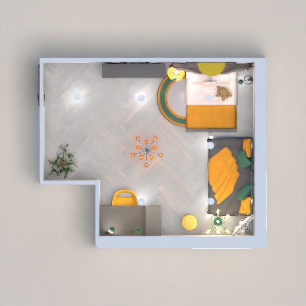 A grey and yellow children's room with touches of turquoise. There is a desk with a spinning chair and a daybed to serve as a couch or for friends. Lots of light make the room bright and the vivid colors add cheerfulness. I hope you like it! Tell me what you think in the comments!
