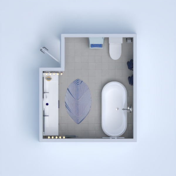 I did a modern bathroom.There's a bath at the right.And I tried to make it comfortable, so I put some lights,a raw,and some decorating elements.