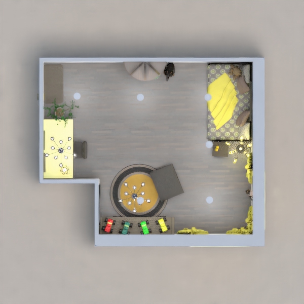 This is my yellow/grey child's room. It has unique shapes and design elements.