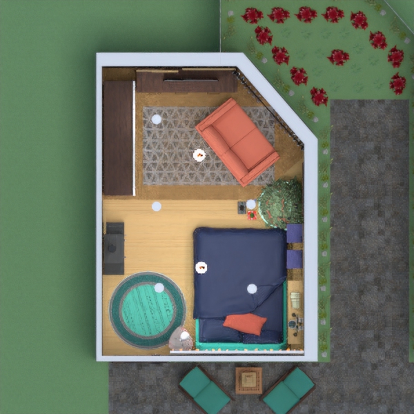 Hey my wonderful frenchies! First, I would like to start off by apologizing for entering so late! I was really busy over the holidays so I feel I don't need to explain. Anyways, my bedroom I designed is very contemporary, with a touch of industrial vibes. I used the colour palette navy blue, coral, and turquoise with a dark wood and a light wood. I exposed a brick wall because I thought it would balance out the room with all the colour. I raised the floor at the back to add a small wow factor. Out the back, I noticed that the window faced nothing. So I put a small private garden to look at. Anyways, I hope you all like this design and please comment suggestions and you page number so I can look at them myself. Thank you everyone and... WELCOME TO 2021!!!!