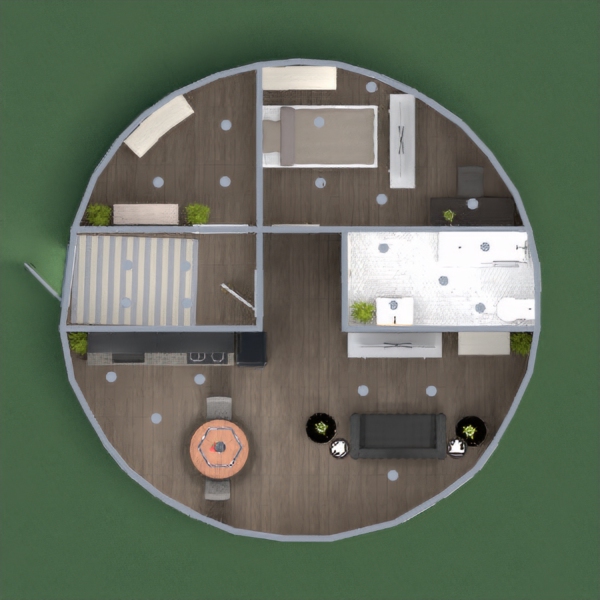 This is my round house! It is quite modern and honestly I could live the my whole life. Sorry if some things are croocked its round and most of the shapes are squares :(. But please vote and enjoy!     :) 

P.S. I'm only 10 yrs, old so please dont judge too much . ????????