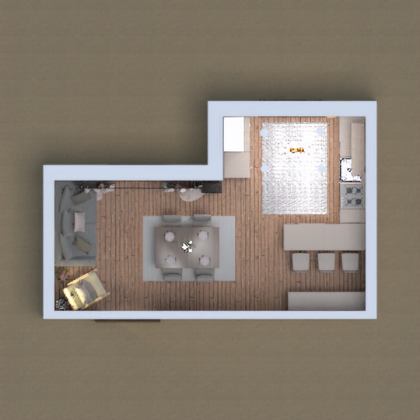 My design is A calm kitchen/dining room/living room for a typical modern family