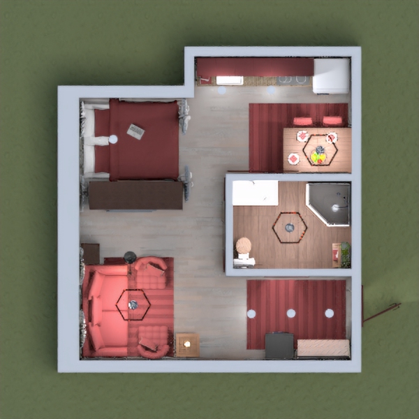A cozy apartment, done mostly in wood with shades of red, perfect for holing up during a snowstorm or hosting a visiting friend.  Please comment with any suggestions or constructive criticism, and if you leave your room's page number, I'll be sure to check it out.
