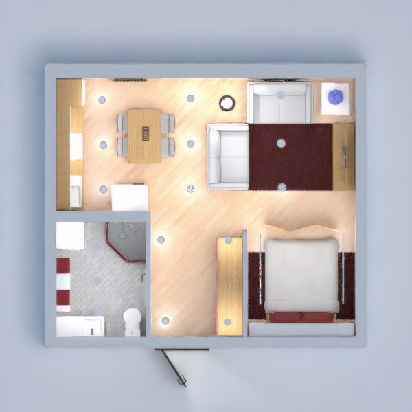 I built a small apartment which includes a kitchen, a living room, a dining room, a bedroom and a bathroom; there is also a small entrance. I hope you like it and I hope you vote it.????