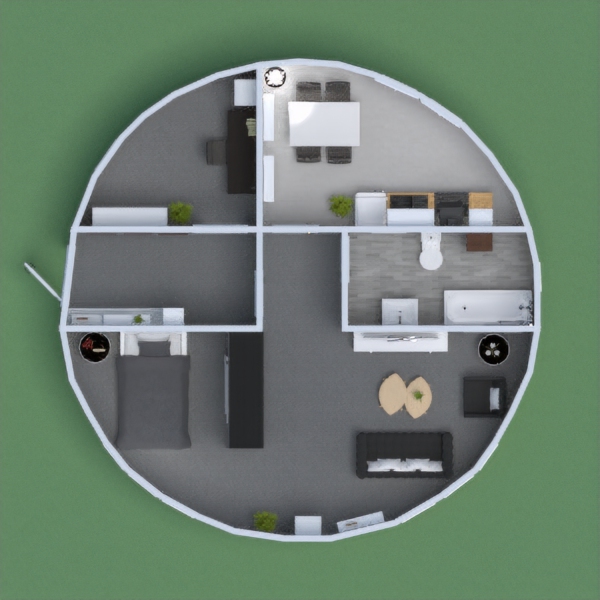 A modern house with:
1. Office
2. Kitchen + Dining area
3. Bathroom
4. Living room
5. Bedroom
The theme color black, white and grey.
Hope you all like it :)