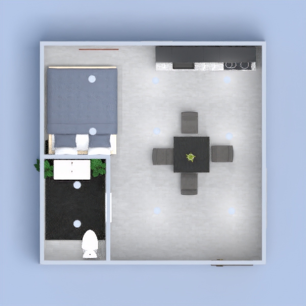 interior for a small studio that has everything necessary: a kitchen, a sleeping area and a bathroom. please comment on mine, then i will comment on yours, just tell me what # it is on. thanks