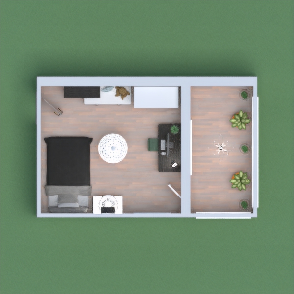 This project is composed by two rooms, the bedroom one and the balcony one. It is a modern bedroom with a lot of elements, including bed, wardrobe, pictures and many others. In the balcony there's some plants and it's a airy room, thanks to the windows. The floor is with parquet, while the walls are with the wallpaper. There are also some decorations.