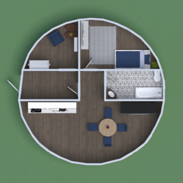 A round house with a modern interior in a blue ,brown and grey coulor scheme