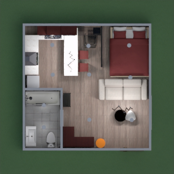 This is a small studio interior with a bathroom, a kitchen area and a sleeping area