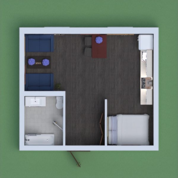 A apartment  with a bathroom, kitchen, living space, and a bedroom.