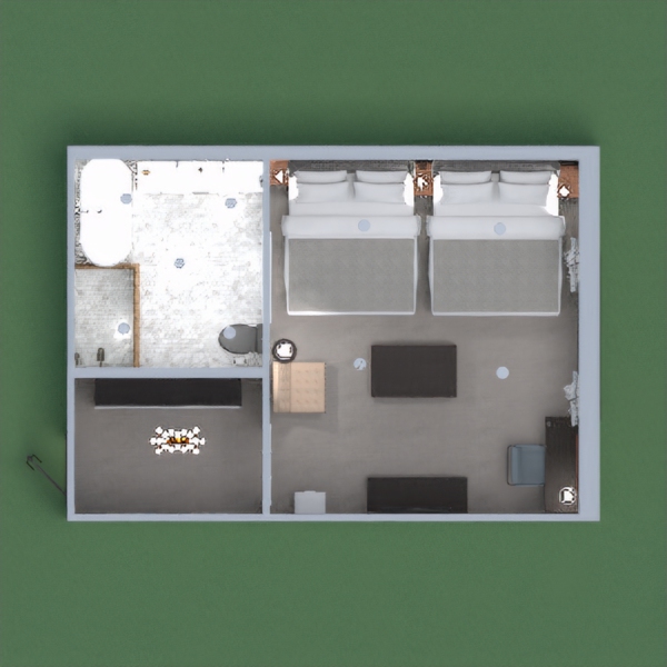 This design has colors revolving around brown. It has a simple layout because it is a hotel room. It can sleep 4 people, has a desk, a huge closet, a big shower, and a bathtub. A bunch of lights are stationed around the the room so you can turn on a lamp for just one space of the room! In conclusion, this design is spacious, simple and convenient. Good luck to everyone and please vote for me! I would love to get in the top 5 for the first time! Thanks!