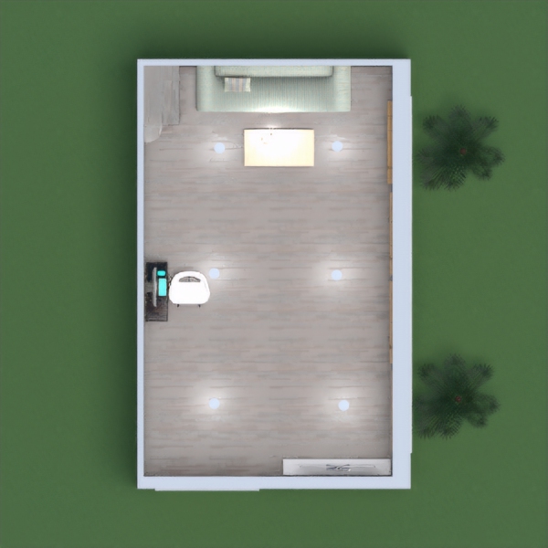 A light and positive room with a dark wood floor and some lighter wood hints. It also has some plants outside