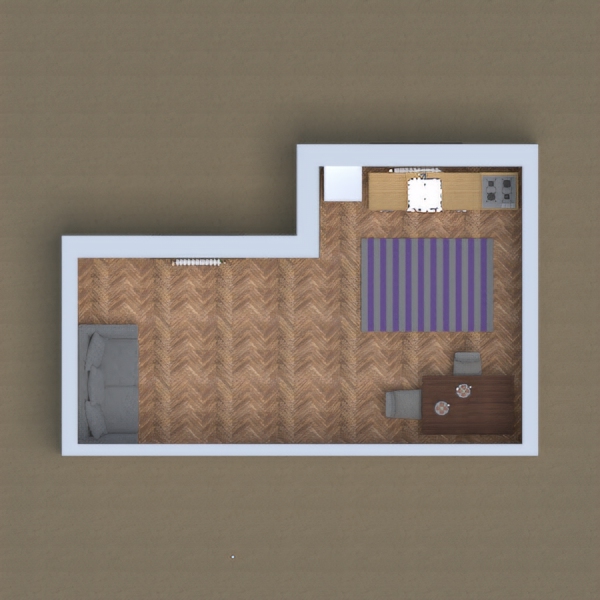 a no door, small house with a kitchen and a dining table coach