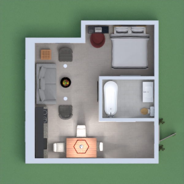This is a small apartment flat, with the necessary stuff like a dining table with three chairs, a kitchen, a bathroom, a desk for working, a living room with a sofa and television, and a bedroom