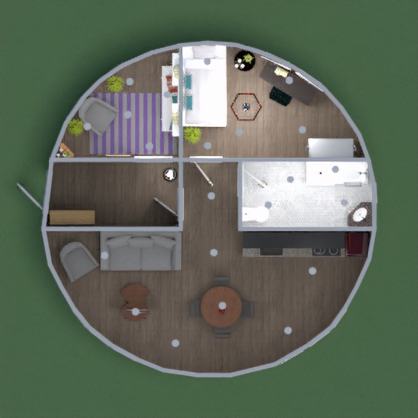 Hello everyone! It's Gamora again.This is the interior of a round house designed for a family of 2 people.If they have guests, they can sleep on the sofa in the living room. Vote for me and I will be for you!