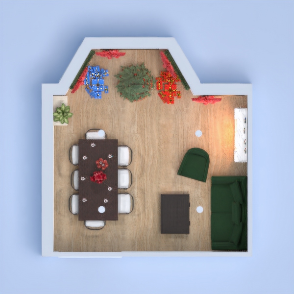Merry Christmas!
This is a project of a living room with a dining table, which has a Christmas tree. Тhe main interior colors are green and red.